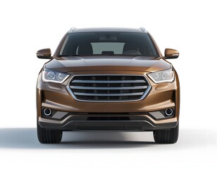 Front view of a modern brown SUV, showcasing headlights and grille design against a white background.
