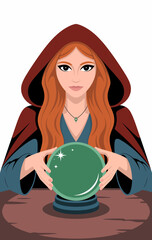 Engaging mystical fortune teller gazes into her crystal ball, evoking curiosity and intrigue about the future, blending magic and spirituality in a captivating atmosphere.