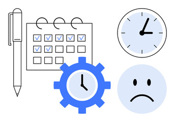 Time management concept. Time management elements thumbs up clock, calendar, and pen highlight organization strategies. Time management ensures productivity and efficiency. For project planning, goal