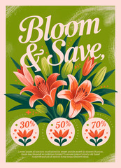 A striking promotional graphic highlighting discounts on flowers, featuring vibrant blooms that represent freshness and savings, perfect for a seasonal sale.