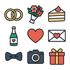 Wedding icons set featuring rings, champagne, heart, cake, flowers, envelope, bow tie, camera, gift.