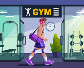 A fit young man entering a gym with a duffel bag, embodying motivation, discipline, and the fitness lifestyle, ready to engage in a workout session.