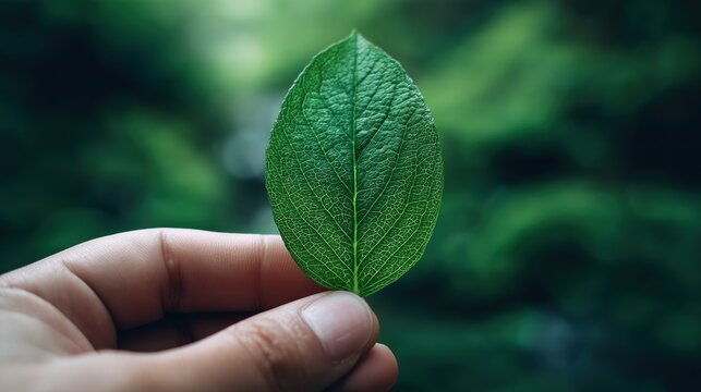 Hand holding a green leaf, emotional healing and natural calmness concept.  
