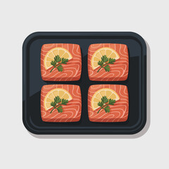 A neatly arranged platter of salmon portions garnished with lemon slices, emphasizing culinary appeal and healthy eating in stylish presentation.