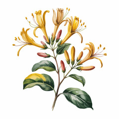 A stunning arrangement of honeysuckle flowers and green leaves captures the essence of nature's beauty, showcasing vibrant colors and intricate details.