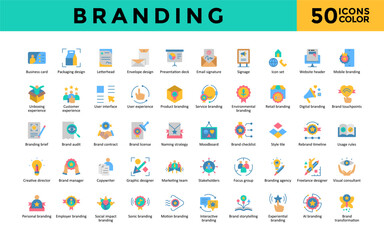 Branding icons set with business card, packaging design, letterhead, envelope design, presentation deck  icon. Simple color flat vector 
