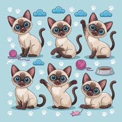 Adorable Siamese kittens with expressive eyes engage in playful antics against a soft blue backdrop, symbolizing joy, curiosity, and beloved companionship.