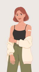 A fashionable young woman poses confidently with a band-aid on her arm, representing resilience and self-expression in a modern, stylish context.