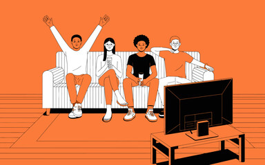 A lively scene depicting four friends joyfully watching TV together on a couch, showcasing moments of relaxation and shared experiences in a comfortable setting.