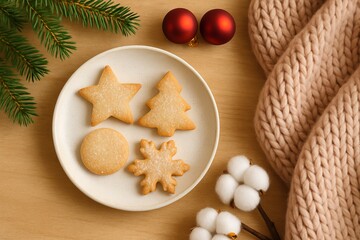 Festive Cookie Flatlay with Pine Branch, Red Baubles, and Cozy Knit Details 