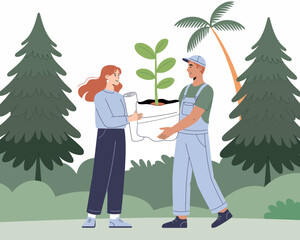 A couple stands outdoors, exchanging a potted plant while smiling, capturing the joy of nature and connection, surrounded by beautiful trees.