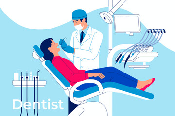 This illustration portrays a dentist attending to a patient in a modern clinic, capturing the essence of dental care and professional healthcare services.