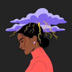 An artistic silhouette of a woman with storm clouds and lightning above her head, capturing the essence of inner turmoil and emotional struggles through creative visual representation.
