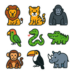Naklejka premium Colorful cartoon jungle animals set: lion, tiger, gorilla, bird, snake, crocodile, monkey, toucan, rhino.
