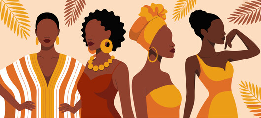Four stylish women of diverse backgrounds showcase vibrant attire and accessories, exemplifying beauty, culture, and self-expression in a colorful setting.
