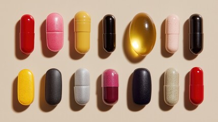 Obraz premium Supplements and vitamins arranged minimal style 