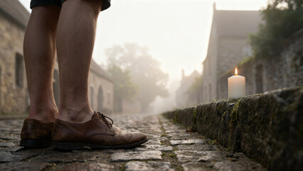 Person's legs next to a candle on a cobblestone path symbolizing presence and remembrance
