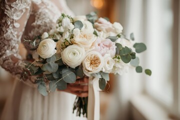 Close-up bridal bouquet detail with ivory roses and pale pink peonies