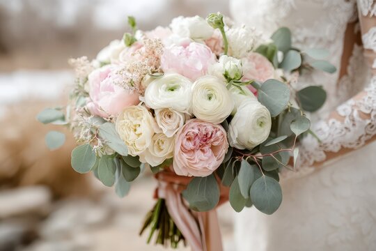 Close-up bridal bouquet detail with ivory roses and pale pink peonies