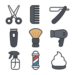 Barber tools icons: scissors, comb, razor, clipper, brush, hairdryer, spray, barber pole, shaving cream.