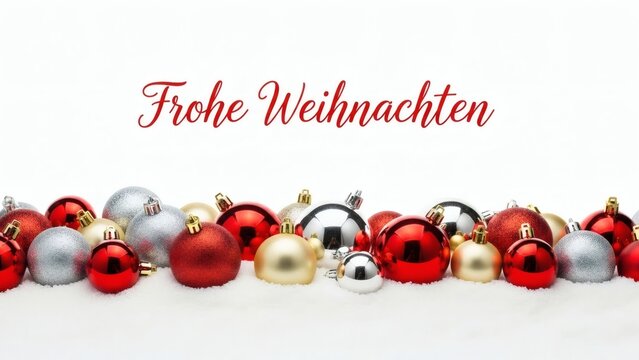 Frohe Weihnachten Bright red text in holiday arrangement of ornaments.
