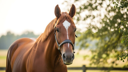 A bay Standardbred gelding looks calmly toward the camera while standing outdoors surrounded by soft 86991552 1