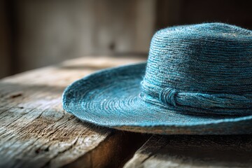 Close-up of a blue hat showing fabric texture and warm tones