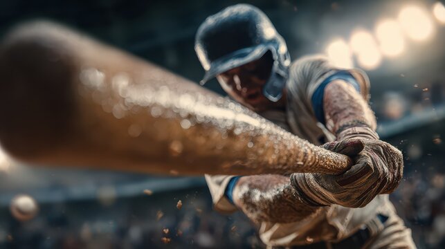 Close-up of a baseball batter mid-swing with a wooden bat, intense focus and a speeding ball in a dramatic sports moment - Powered by Adobe