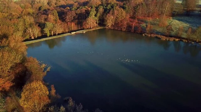 Close Drone View Of Frozen Pond In Peak District National Park With Ducks And Birds Sat On The Lake In Winter At Golden Hour Sunrise