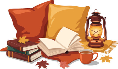 Autumn reading composition with soft pillows open book coffee cup and oil lamp pixel art vector illustration for cozy seasonal design