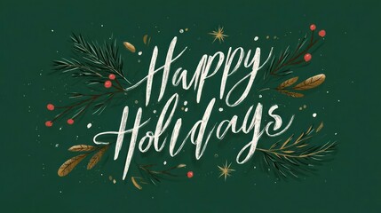 Elegant hand lettered happy holidays greeting surrounded by festive pine needles and berries on dark green background