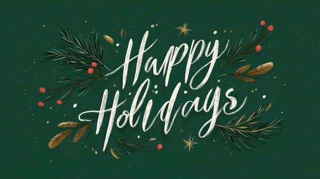 Elegant hand lettered happy holidays greeting surrounded by festive pine needles and berries on dark green background - Powered by Adobe