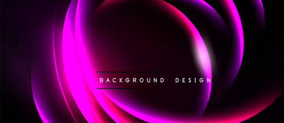 Abstract neon shapes overlap, creating vibrant pink, purple glow. Dark background emphasizes luminosity, modern design element.