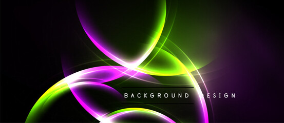 Abstract neon lines create dynamic flow. Vibrant purple, green hues dominate dark background. Modern design element.
