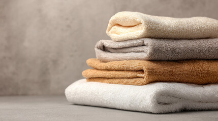 A charming close-up of stacked towels of various sizes in a tranquil spa setting. Generative AI image