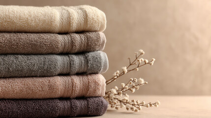 Neatly folded towels on neutral background, spa concept, simple composition, soft textures, clean style. Generative AI image