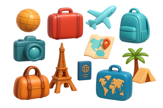3d Colorful travel icons set with suitcase bag luggage and holiday vacation elements in cartoon style