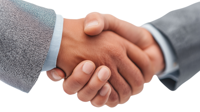 Business handshake close-up, partnership agreement concept, transparent background