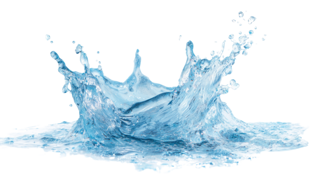 Blue water splash isolated on transparent background, clean dynamic liquid shape