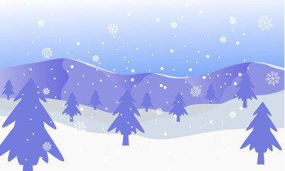 Serene winter landscape illustration featuring snow-covered mountains, frosted pine trees, and falling snowflakes, creating a peaceful seasonal wonderland scene