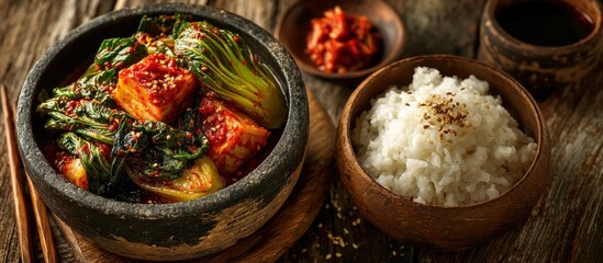 Traditional Korean Cuisine with Kimchi and Rice in Rustic Stoneware Bowls on Wooden Table