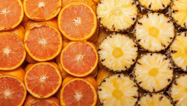 Vibrant close-up of fresh oranges and pineapple slices showcasing their juicy textures and vivid colors. - Powered by Adobe