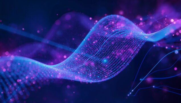 Stunning futuristic data stream with vibrant purple and blue glowing particles for cutting edge technology or innovative business presentations