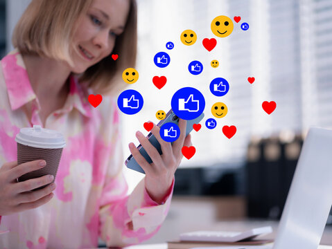 Business woman using mobile phone play social media in office.