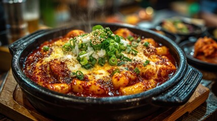 Delicious Korean Tteokbokki in Hot Stone Bowl with Cheese and Green Onions in Vibrant Restaurant Setting