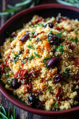 Mediterranean couscous with olives, sun-dried tomatoes and fresh herbs. Generative AI image