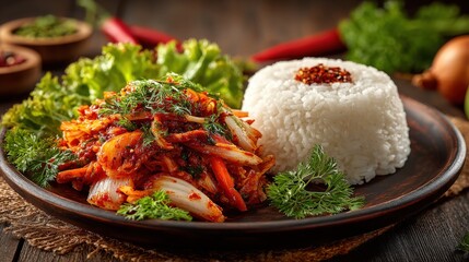 Traditional Korean Kimchi and Steamed Rice Dish with Fresh Herbs on Rustic Wooden Table Setting
