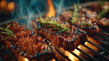 Juicy Grilled Steaks with Fresh Rosemary on a Barbecue Grill with Flames and Smoke