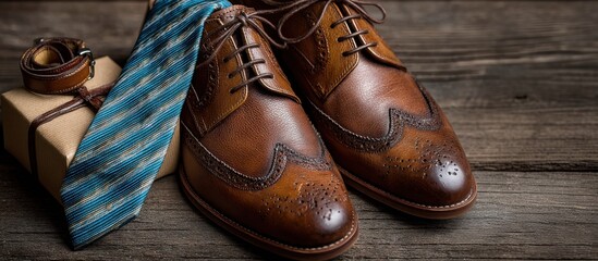 Elegant Brown Leather Shoes with Blue Striped Tie and Gift Box on Rustic Wooden Background