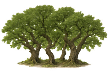 Row of green leafy deciduous trees forming a small grove on a small patch of grass, transparent background